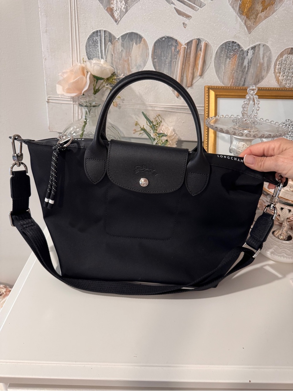 Longchamp Black Nylon Le Pliage Top-Handle Tote with Detachable Strap